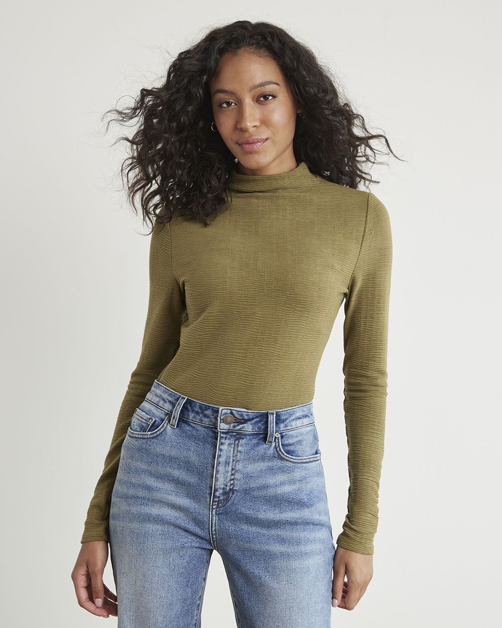 Long-Sleeve Mock-Neck Textured Bodycon Tee
