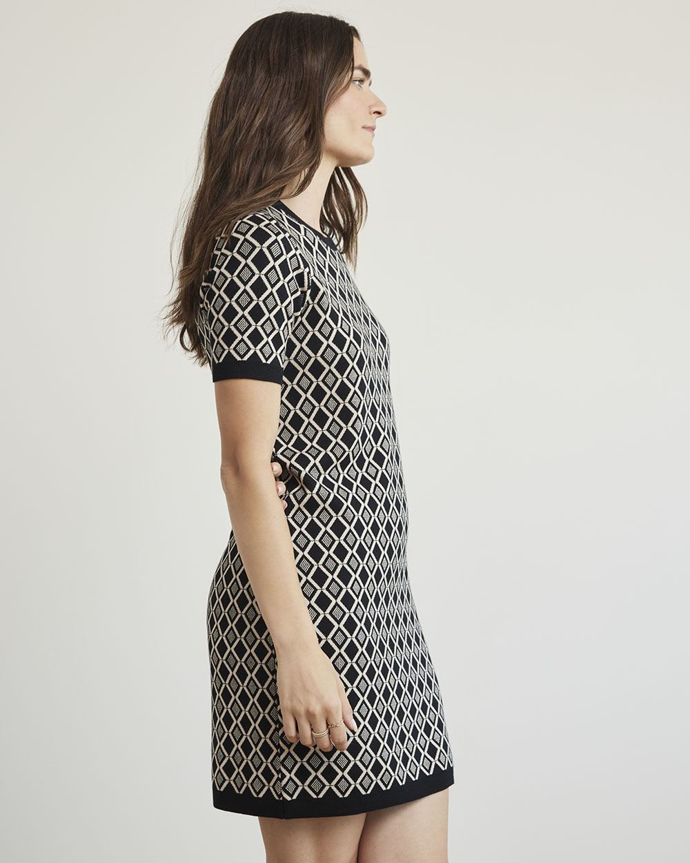 Elbow-Sleeve Sweater Dress with Crew Neckline