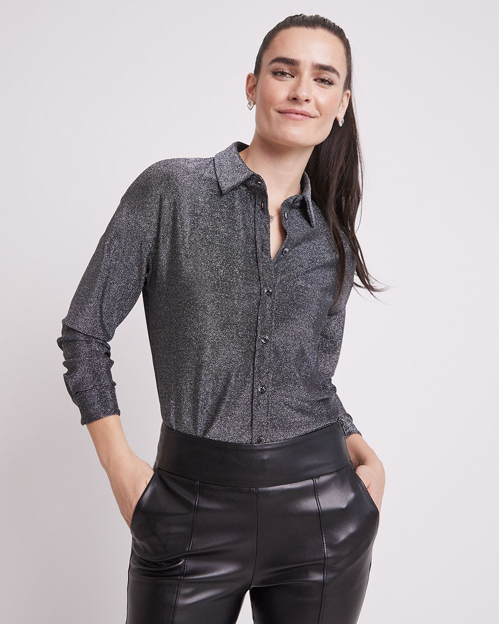 Long-Sleeve Buttoned-Down Knit Shirt with Metallic Fibres