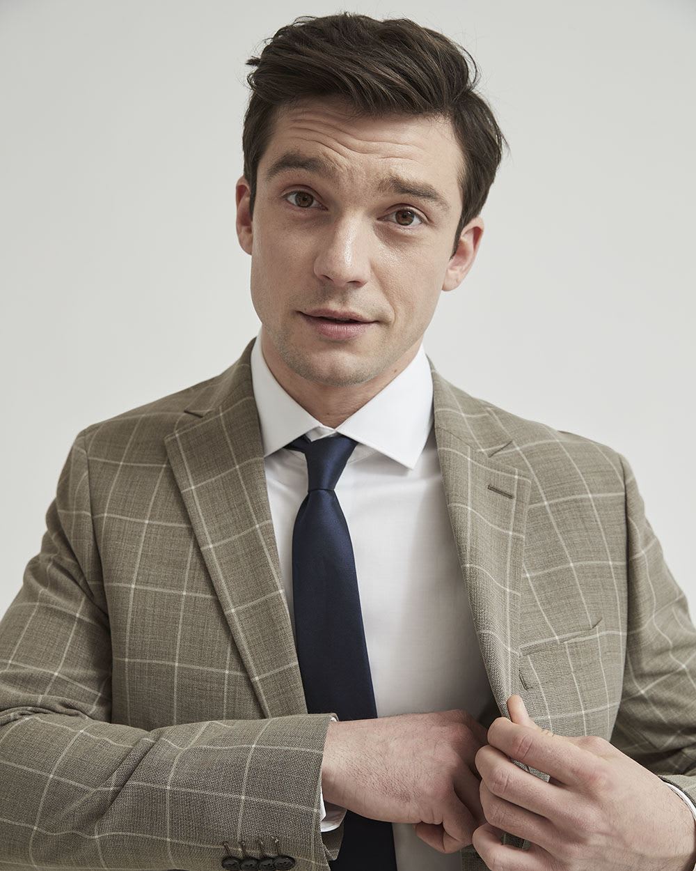 Slim Fit Beige Windowpane Traveler Blazer