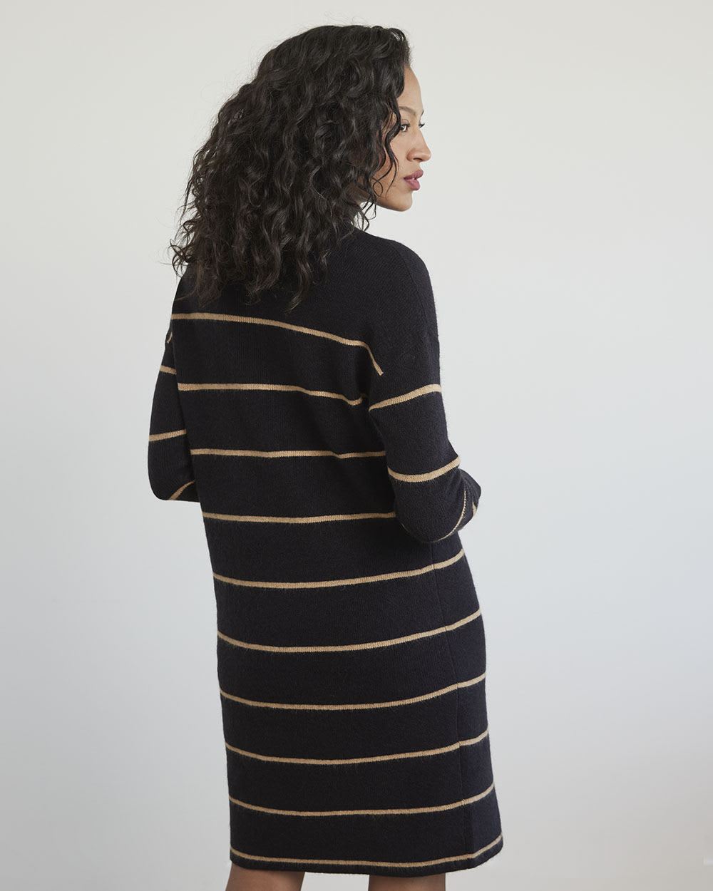 Long-Sleeve Mock-Neck Straight Dress with Buttons at Shoulder