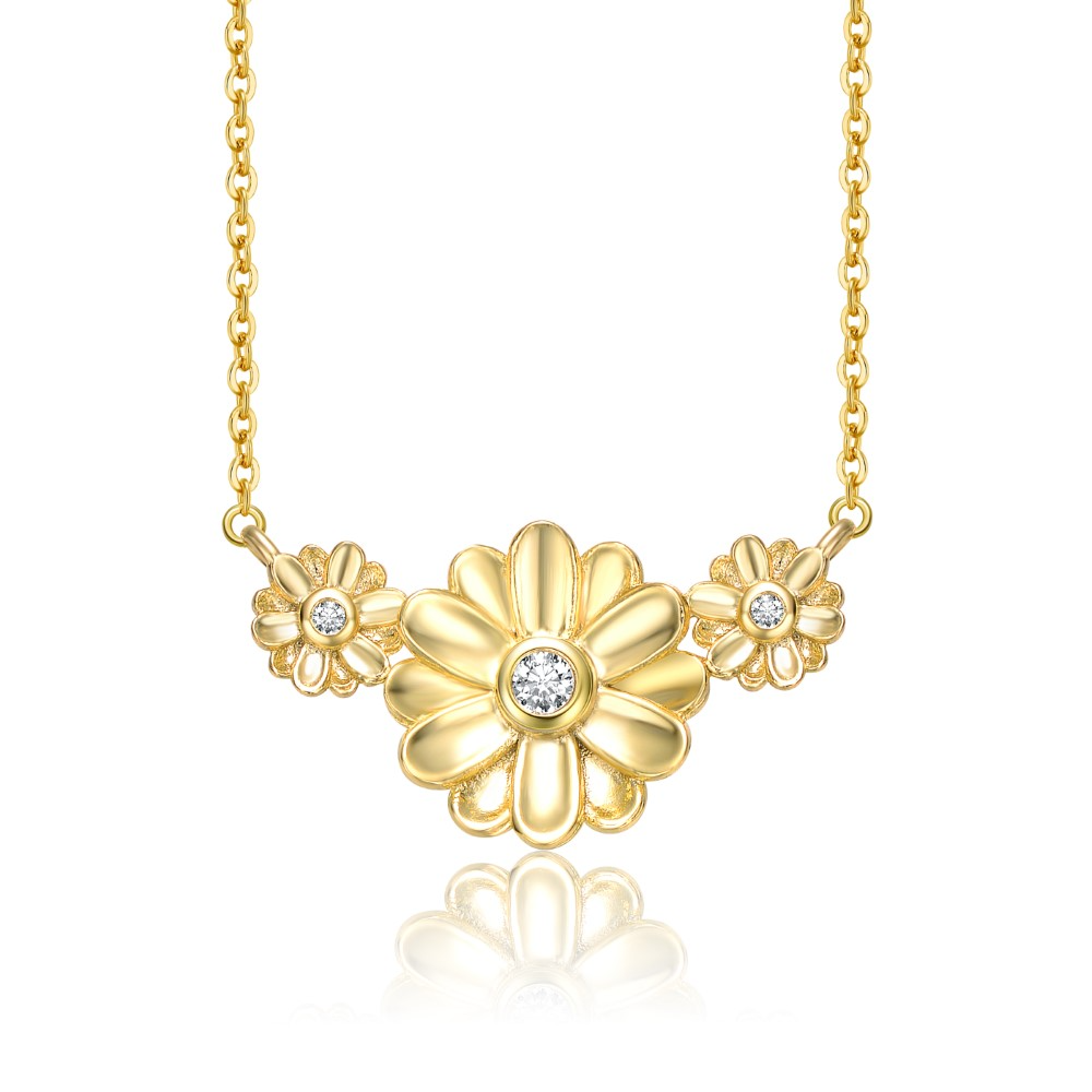 RG Young Adults/Teens 14k Yellow Gold Plated with Cubic Zirconia Triple Daisy Flower Chevron Pendant Necklace