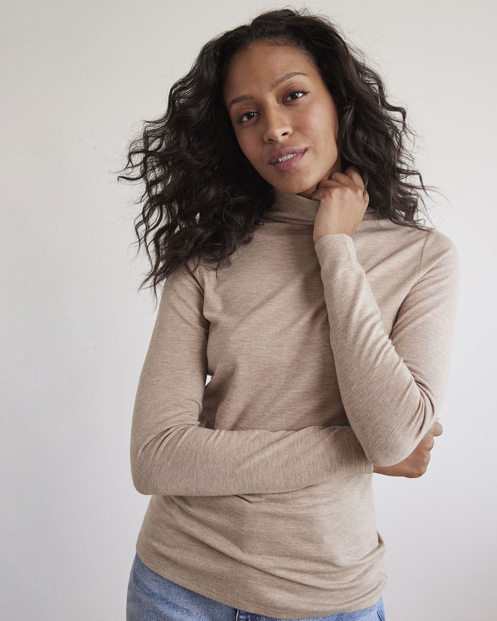 Long-Sleeve Mock-Neck Brushed Knit Tee