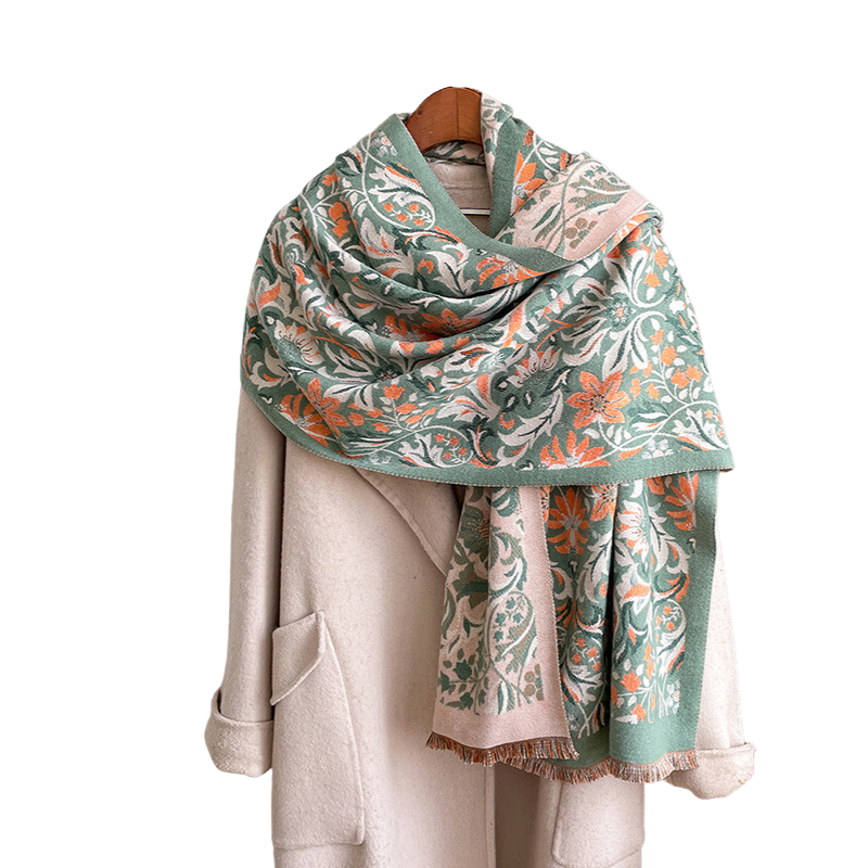 Sage Green & Orange Floral Paisley Fringe-Trimmed Scarf- Don't AsK