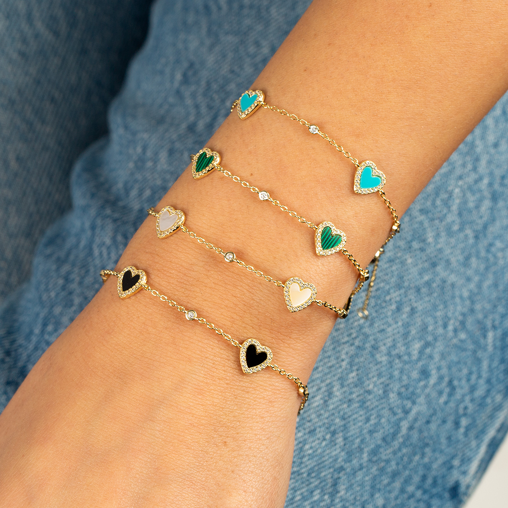 By Adina Eden -PAVE MULTI HEART STONE BRACELET - MALACHITE