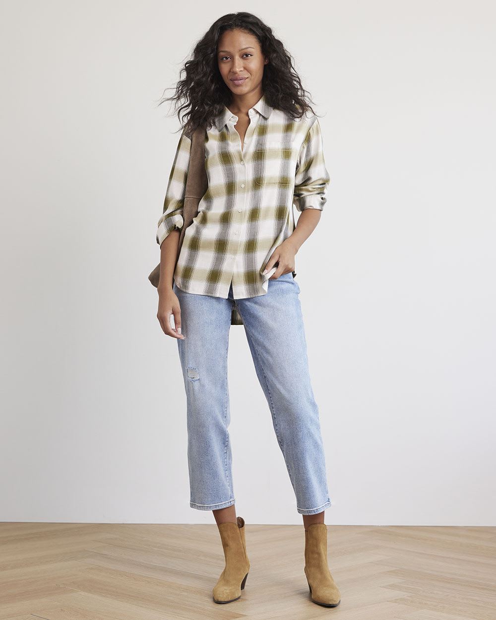 Long-Sleeve Buttoned-Down Brushed Twill Plaid Shirt