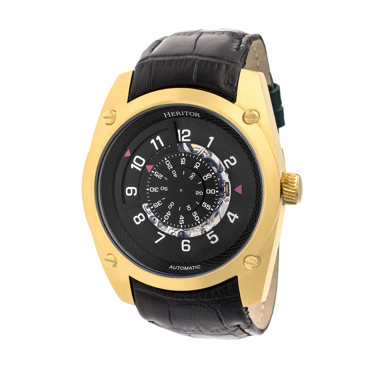 Heritor Automatic - Daniels Semi-Skeleton Leather-Band Watch - Gold/Black