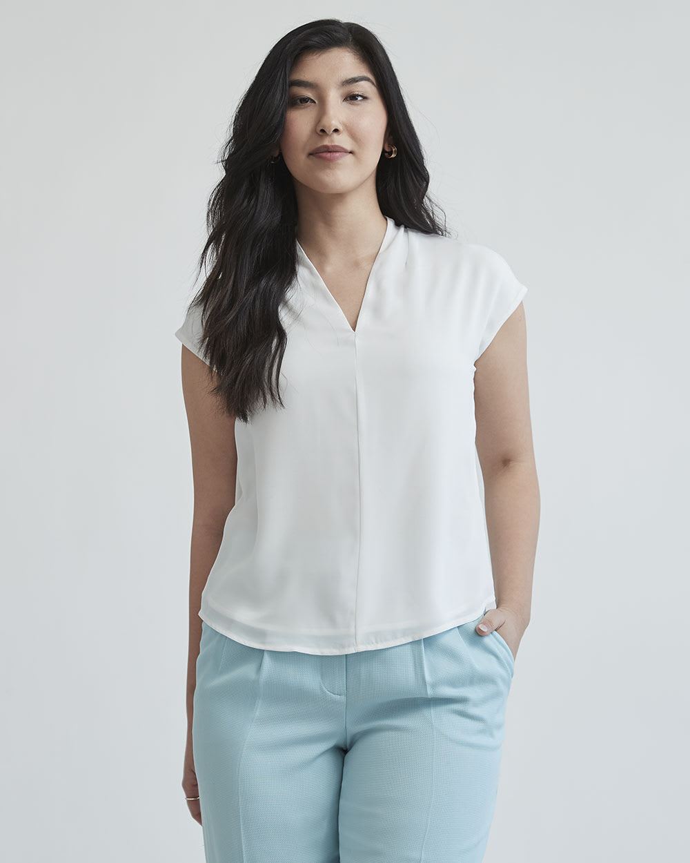 Mix-Media Extended-Sleeve V-Neck Top