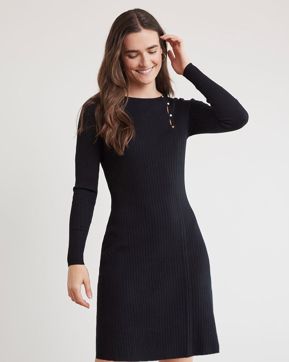 Long-Sleeve Round-Neck A-Line Mini Dress