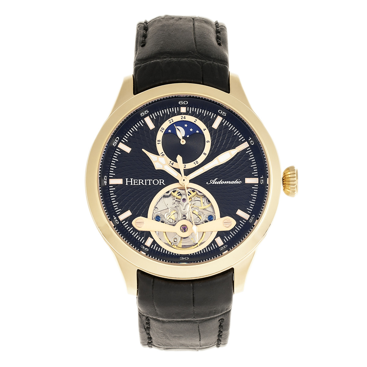 Heritor Automatic - Gregory Semi-Skeleton Leather-Band Watch - Gold/Black