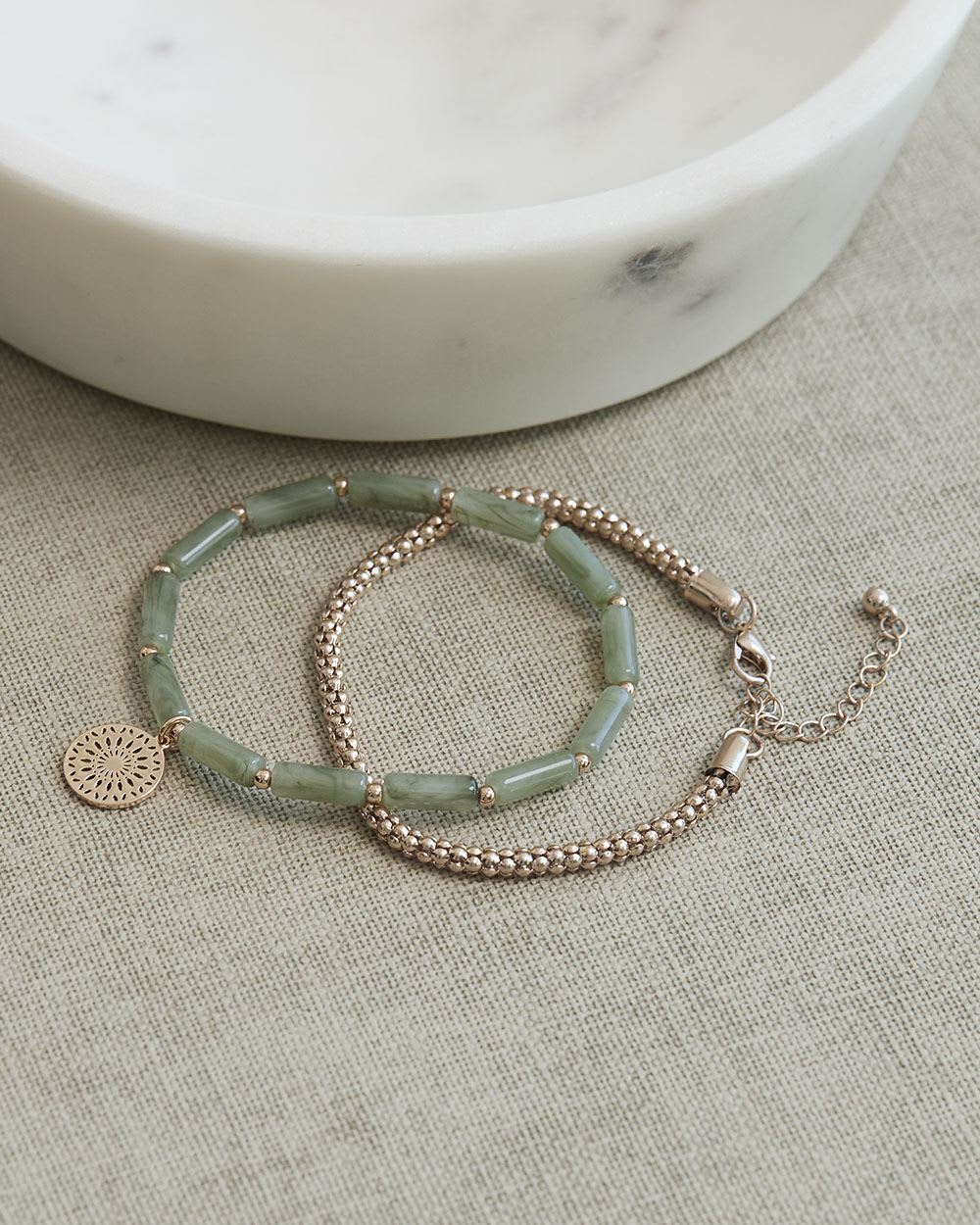 Elastic Bracelets with Green Stones, Set of 2