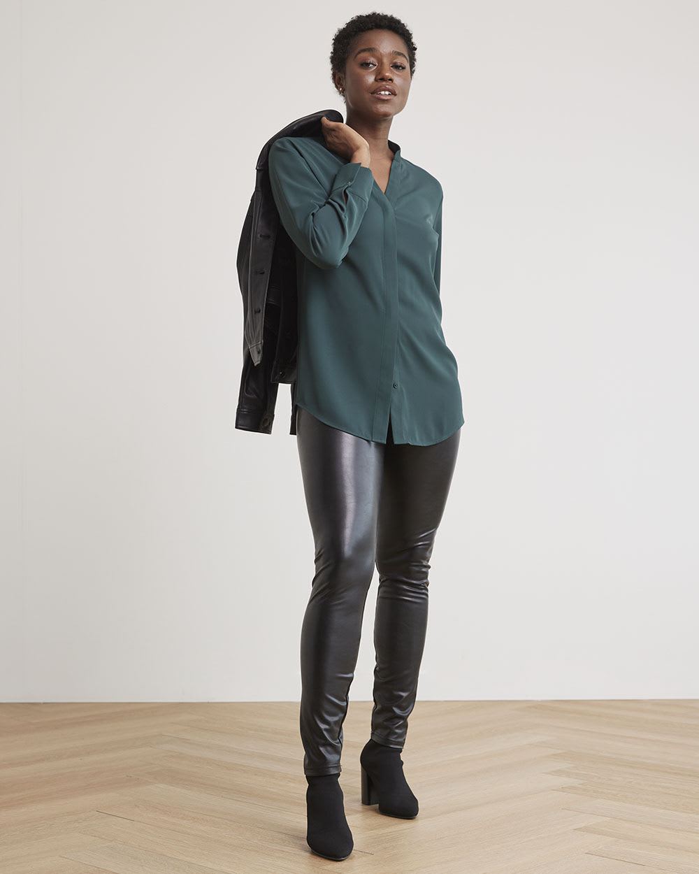 Long-Sleeve V-Neck Crepe Popover Blouse