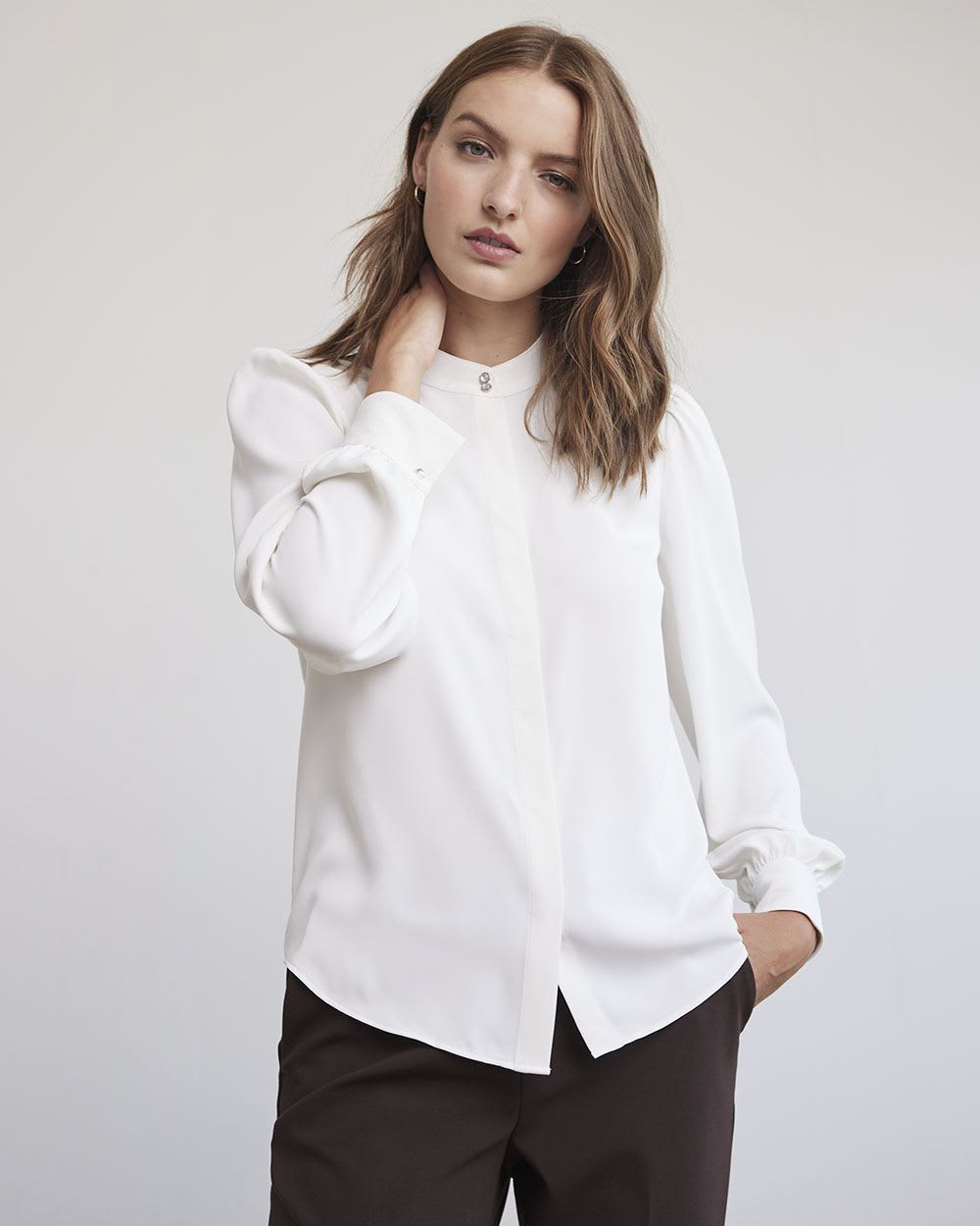 White Silky Crepe Long-Sleeve Buttoned-Down Blouse
