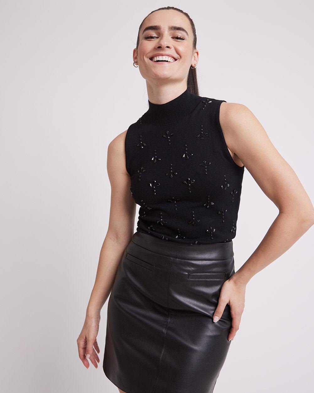 Sleeveless Mock-Neck Top with Stones