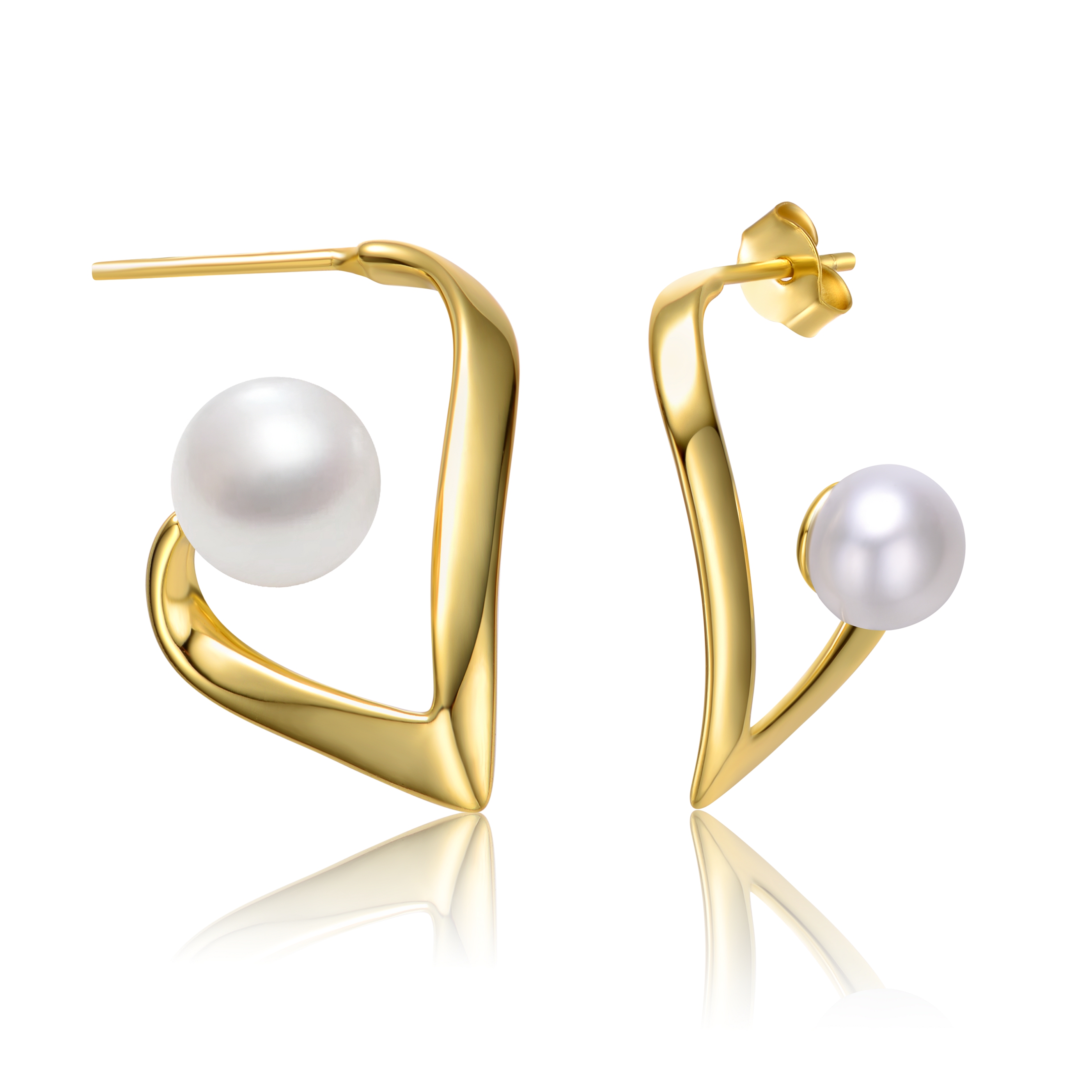 Sterling Silver 14k Yellow Gold with White Pearl Open Geometric Abstract Art Earrings