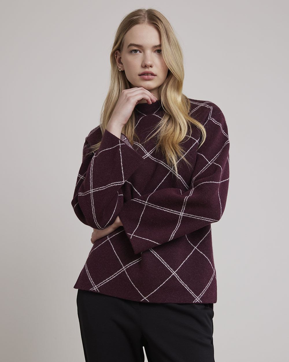 Long Mock-Neck Plaid Sweater with Long Bell Sleeves