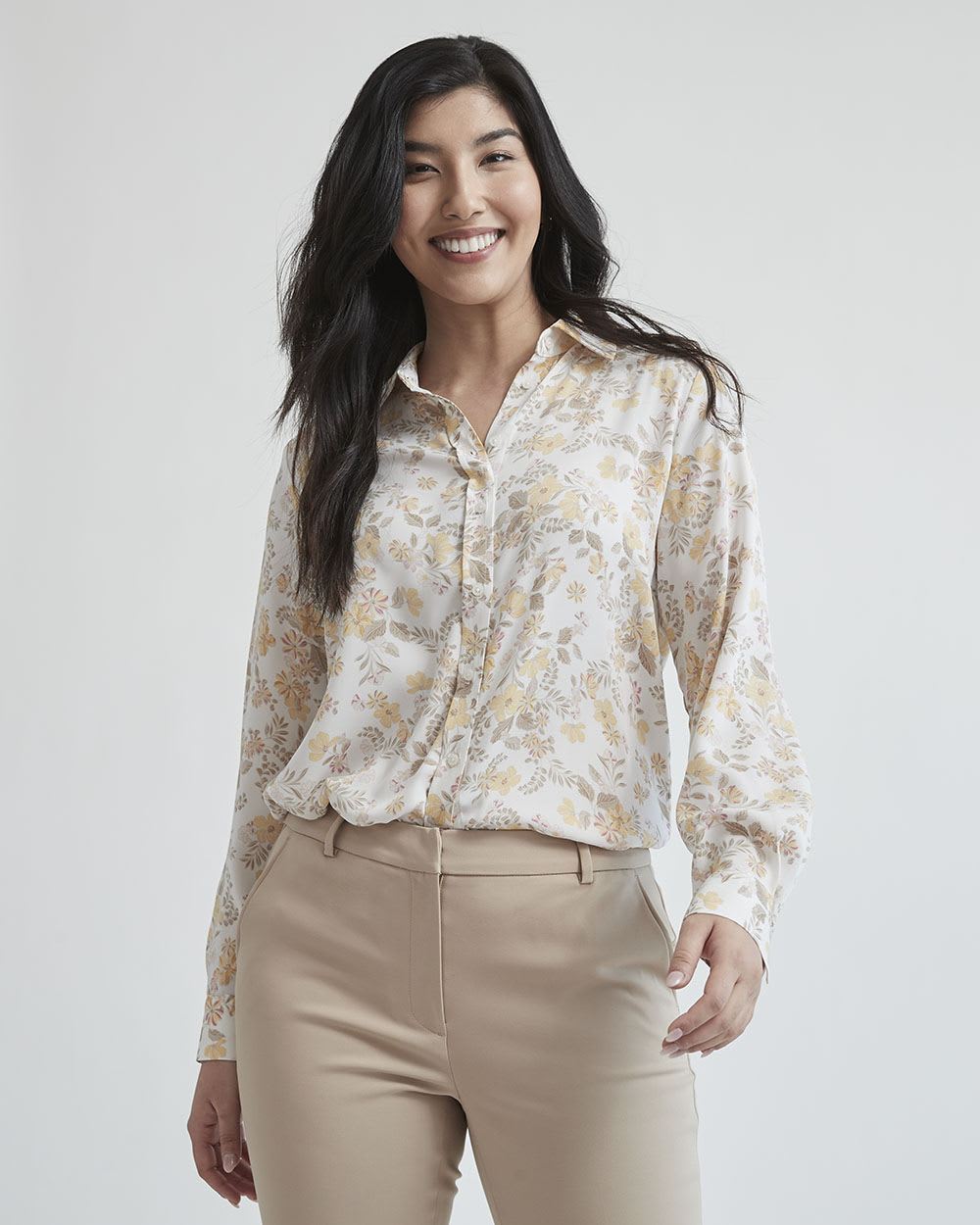 Twist Twill Buttondown Long Sleeve Blouse