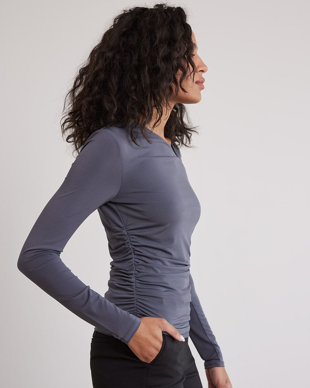 Draped Long-Sleeve Top with Asymmetrical Neckline