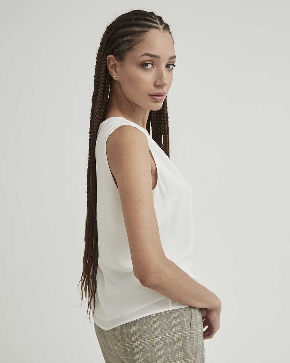 Silky Crepe Shirred V-Neck Cami