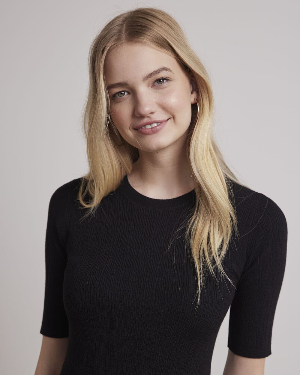 Fit and Flare Elbow-Sleeve Midi Dress