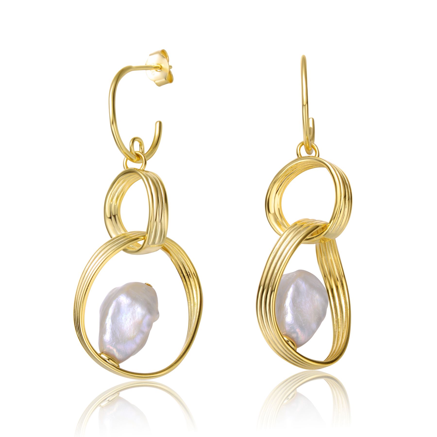 Sterling Silver 14k Yellow Gold Plated with Baroque White Pearl Double Drop Half-Hoop Dangle Earrings
