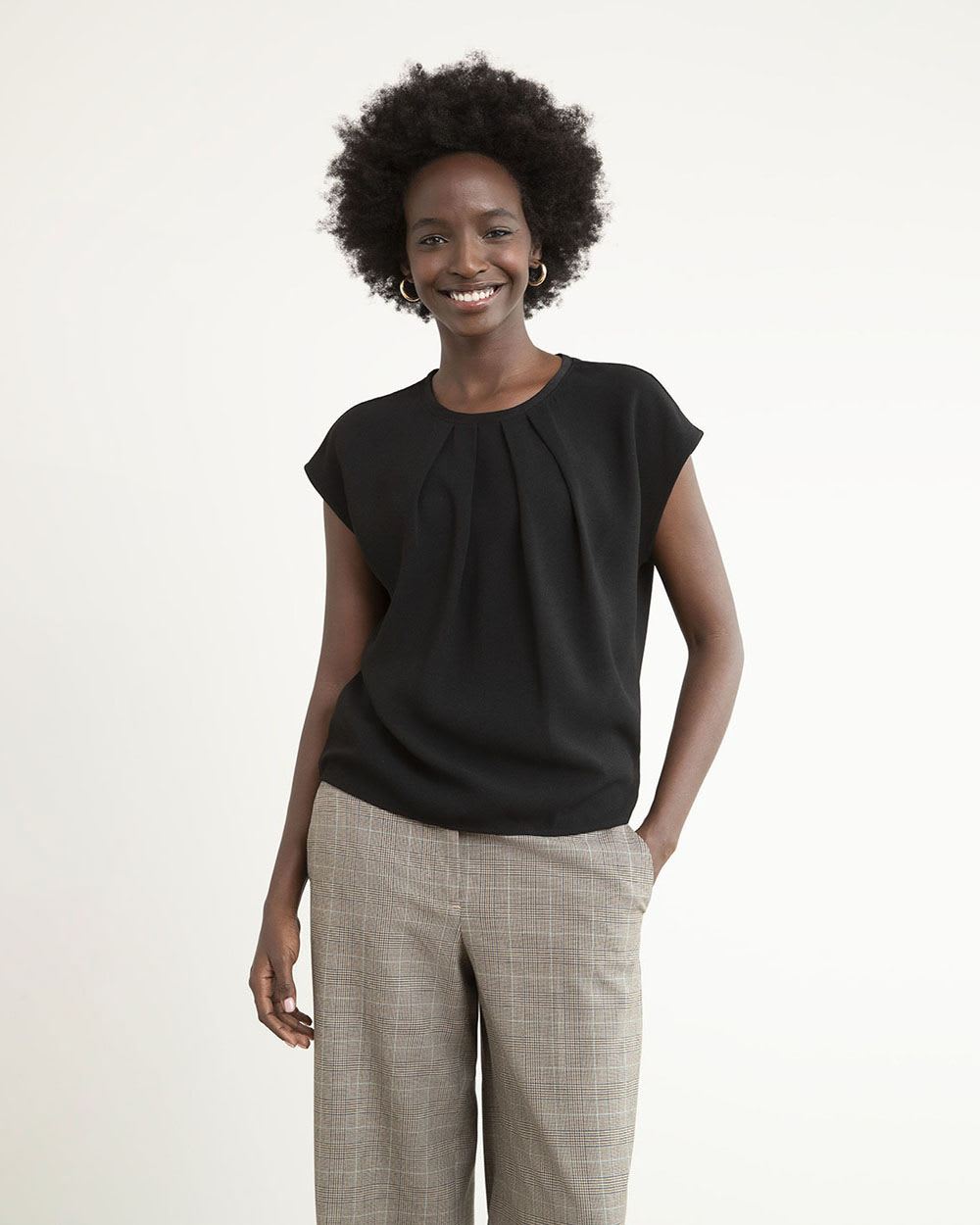 Mix-Media Top with Extended Sleeves and Pleated Crew Neckline