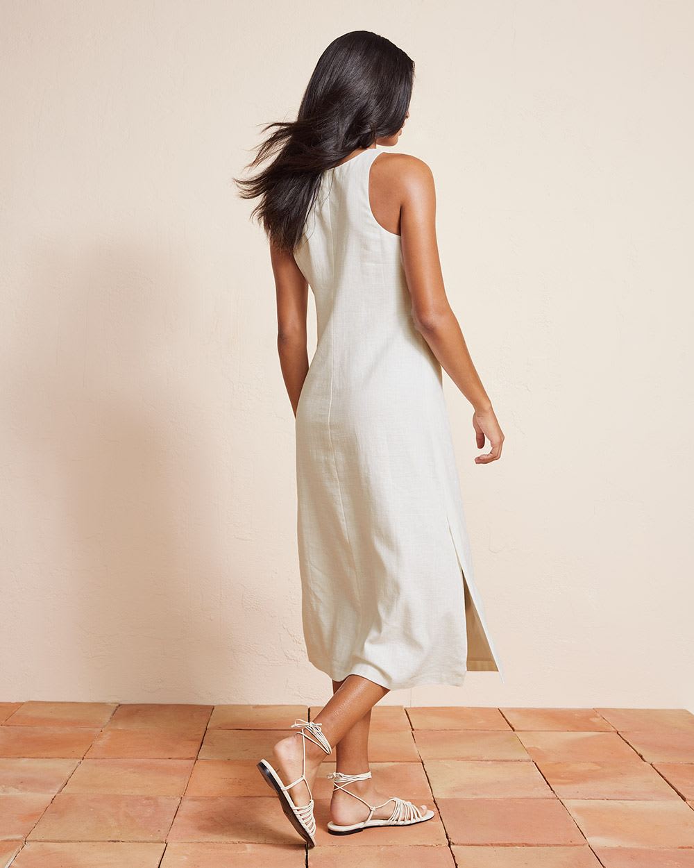 Sleeveless Crew-Neck Linen Shift Midi Dress