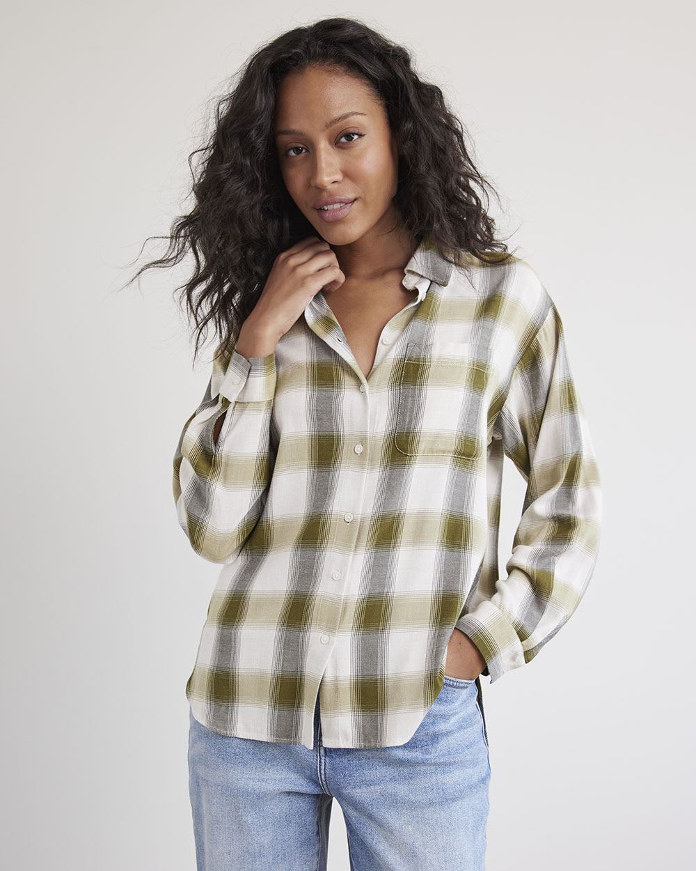 Long-Sleeve Buttoned-Down Brushed Twill Plaid Shirt