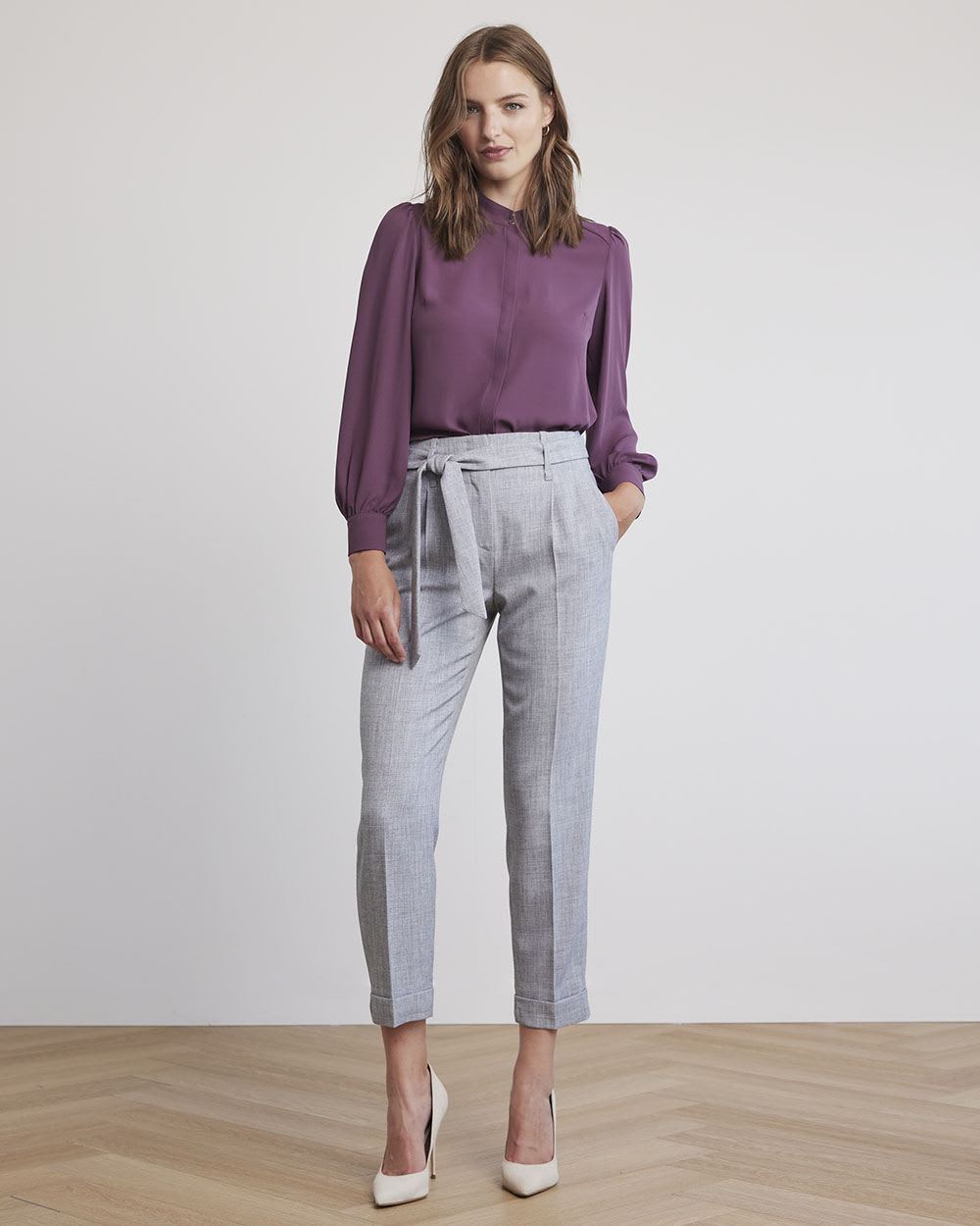 Long-Sleeve Buttoned-Down Silky Crepe Blouse