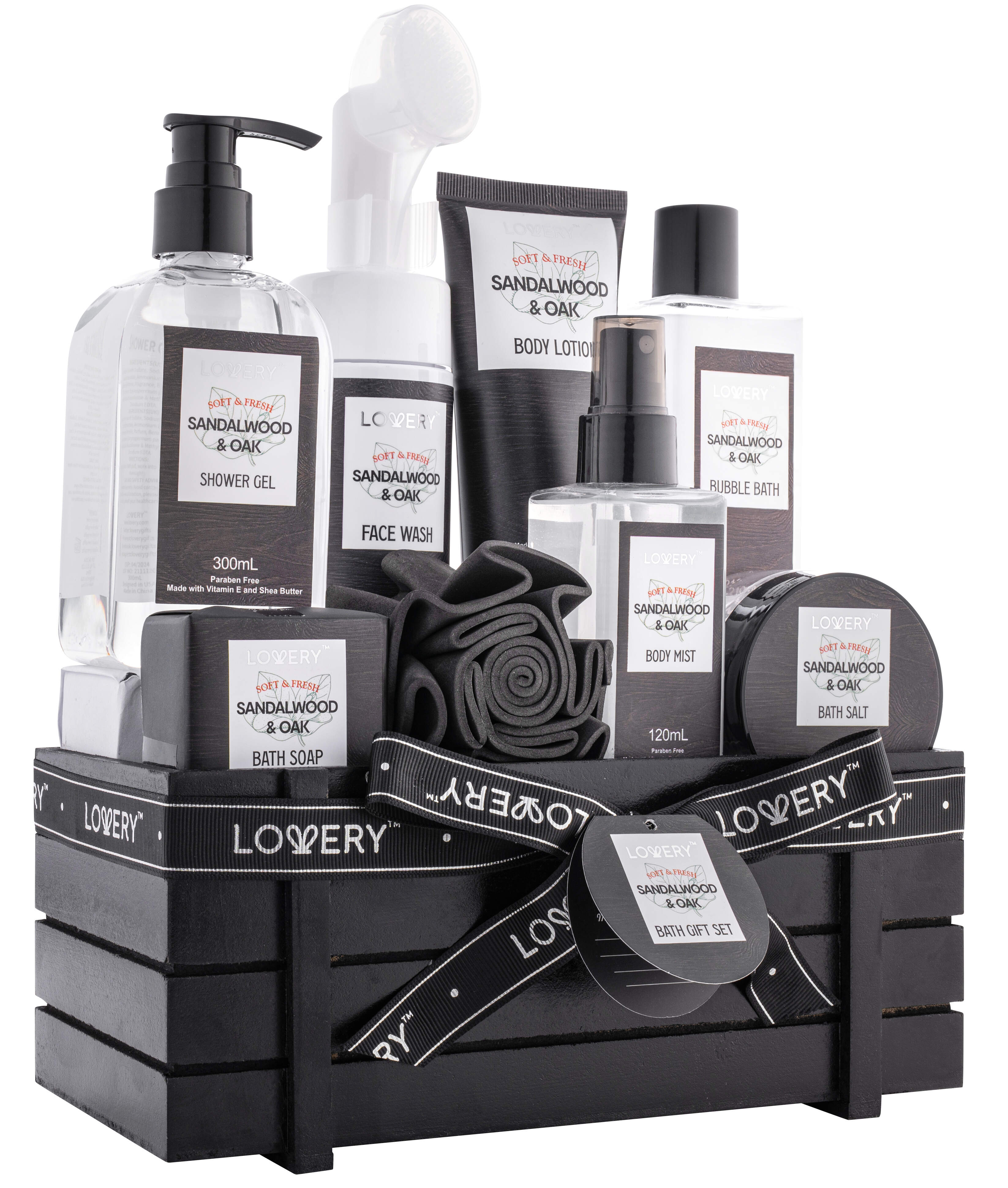 Lovery Luxury Spa Kit For Men - Sandalwood & Oak Scented Bath Gift Set & Shower Basket