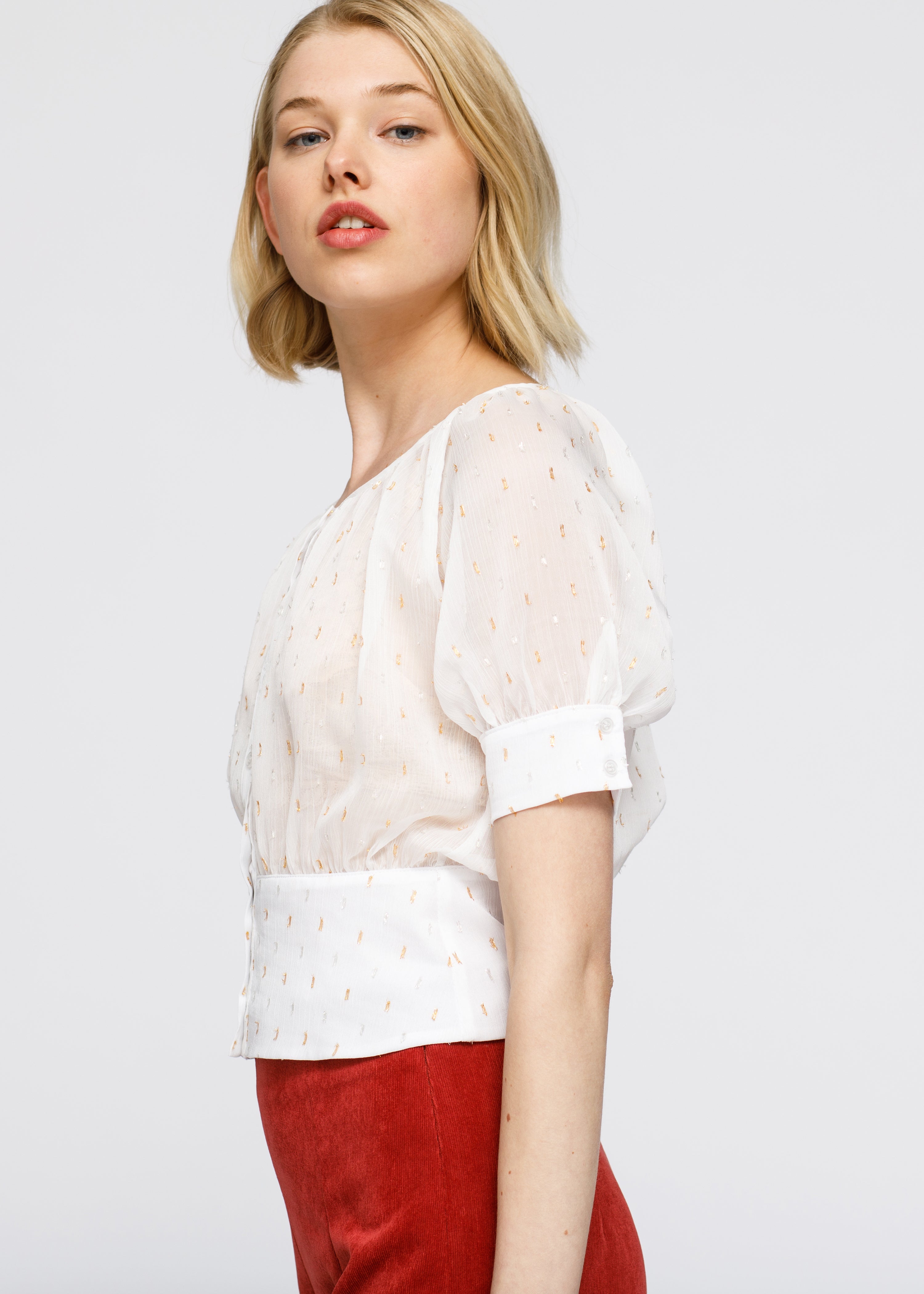 Nurode Sheer Puff Shoulder Crop Top Blouse