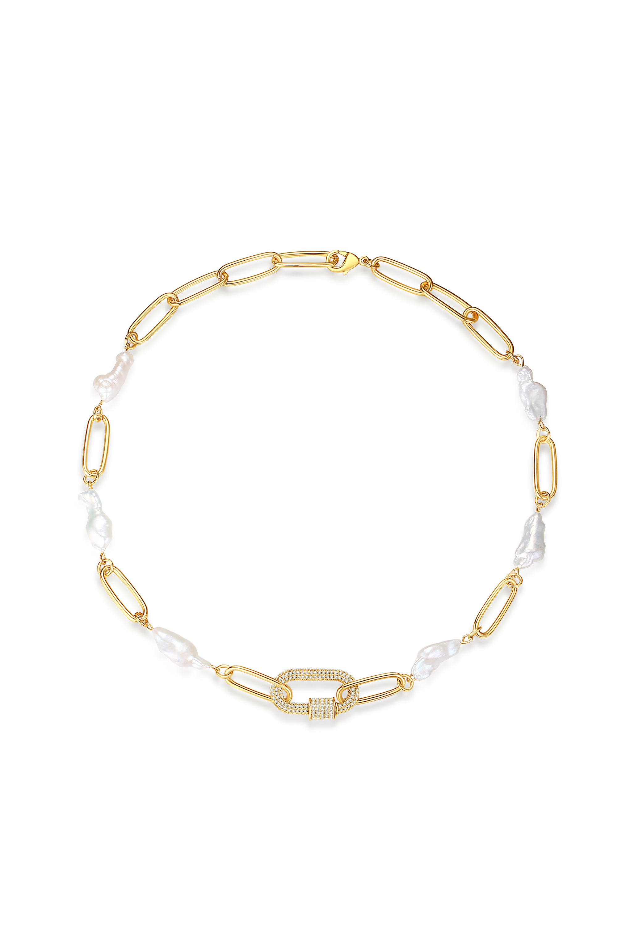 Classicharms-Gem-encrusted Carabiner Lock Pendant Natural Baroque Pearl Necklace