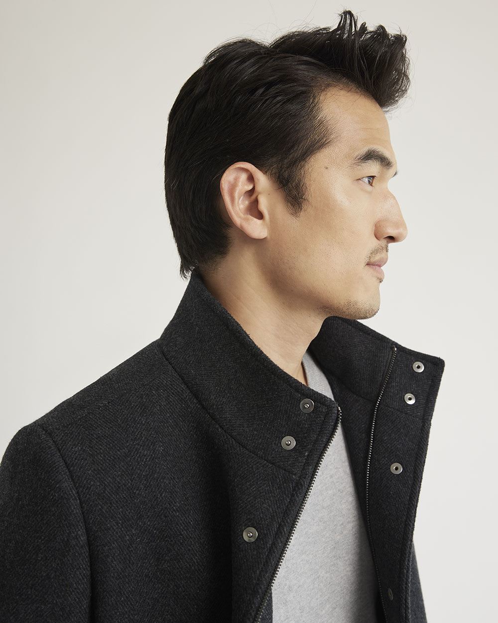 Classic Herringbone Wool Coat with Mock Neckline