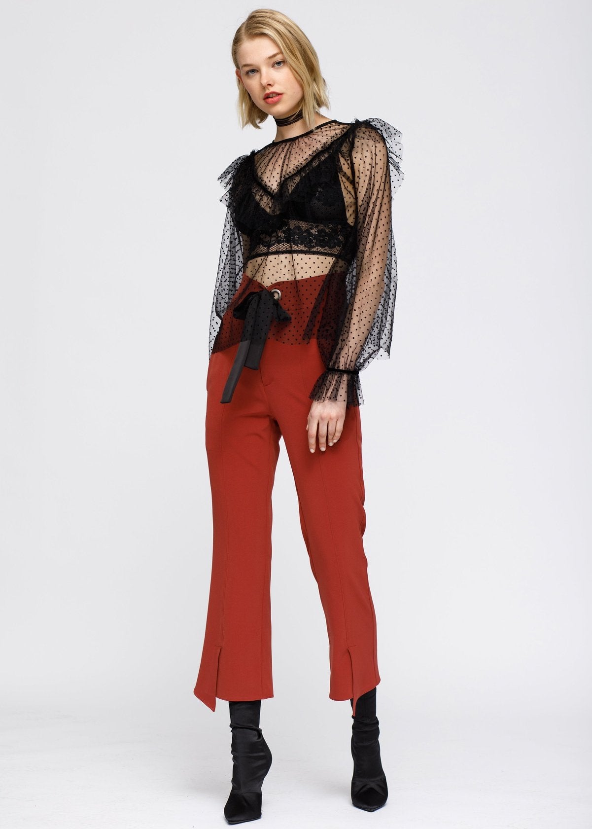 Nurode Polka Dot Mesh Ruffle Top