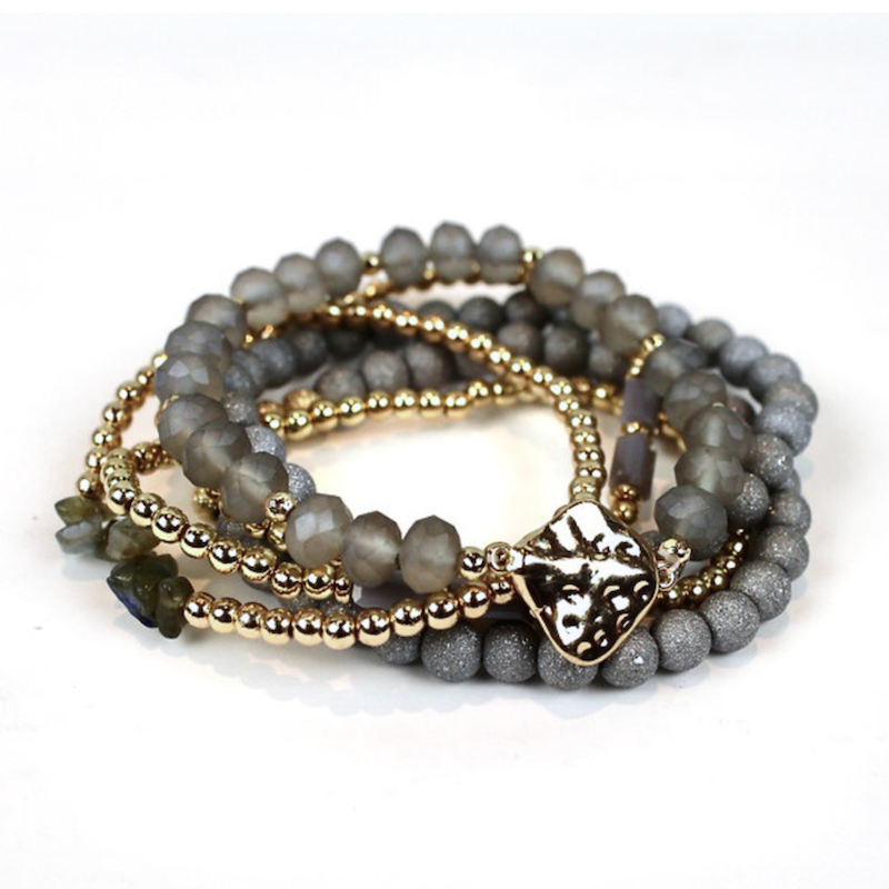 Goldtone & Grey Beaded Druzy Bracelet Set - Don't AsK