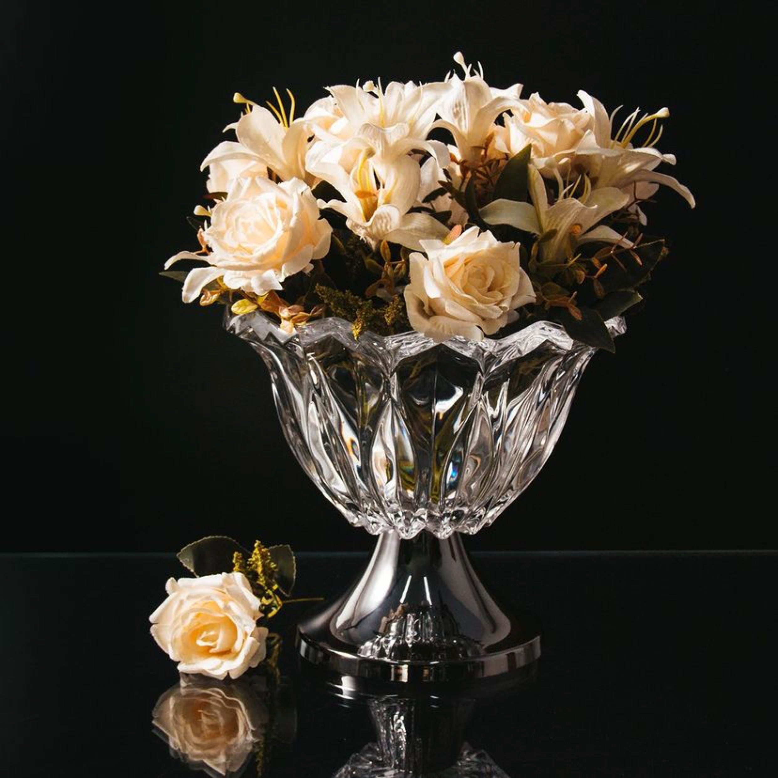 Louise Collection Black Glass Centrepiece with Stainless Steel 25x22cm