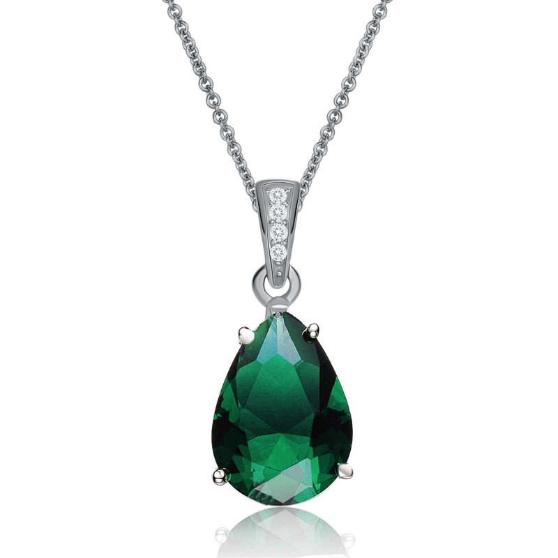 Sterling Silver White Gold Plating with Colored Cubic Zirconia Pear Shaped Pendant Necklace
