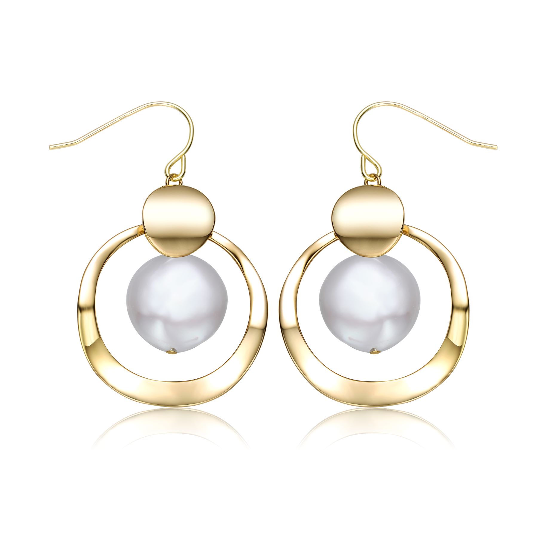 Sterling Silver 14k Yellow Gold Plated with White Pearl Concentric Halo Dangle Drop Earrings