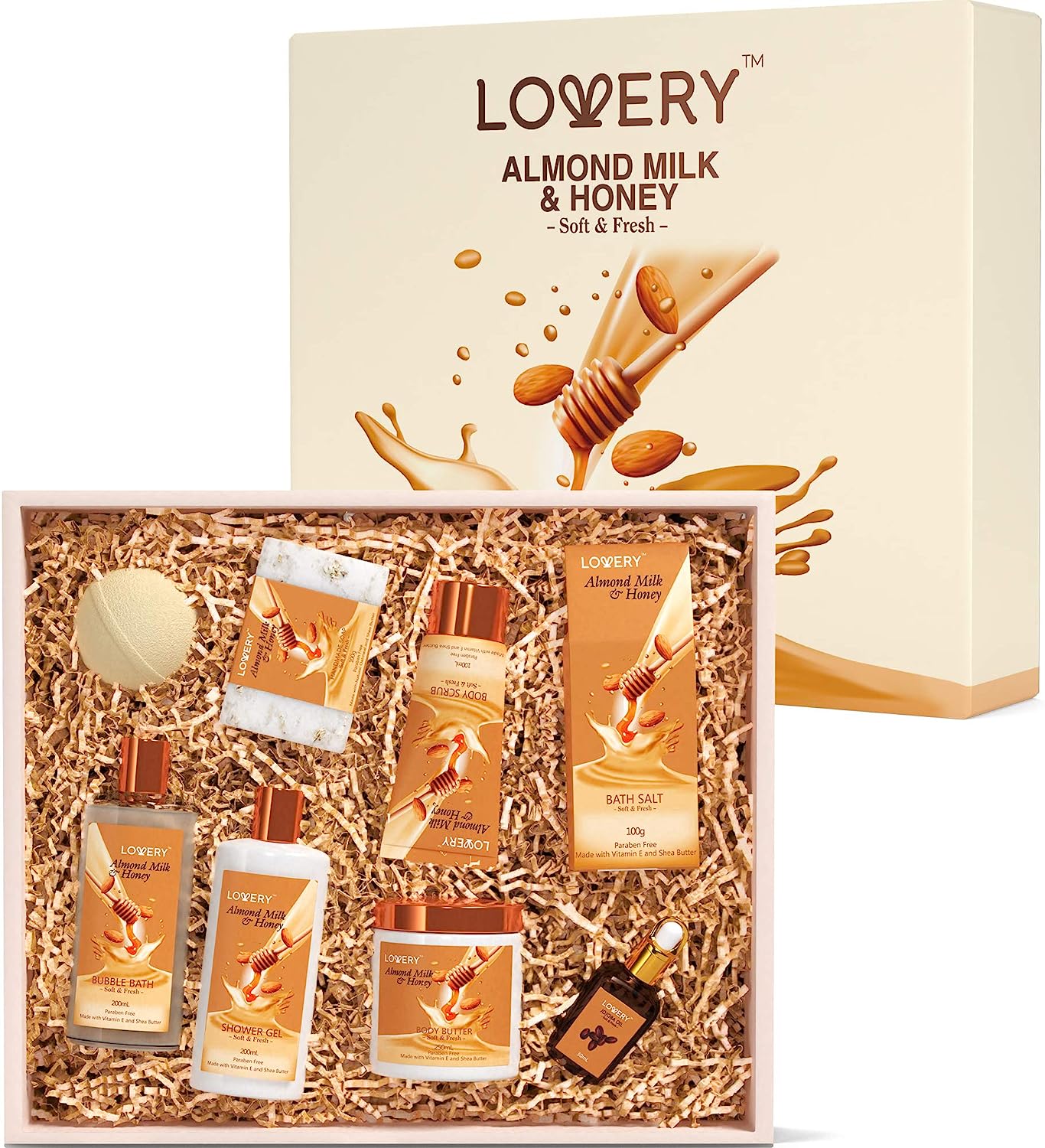 Lovery Bath Gift Set - Almond Milk & Honey Spa - With Handmade Oatmeal Soap & More