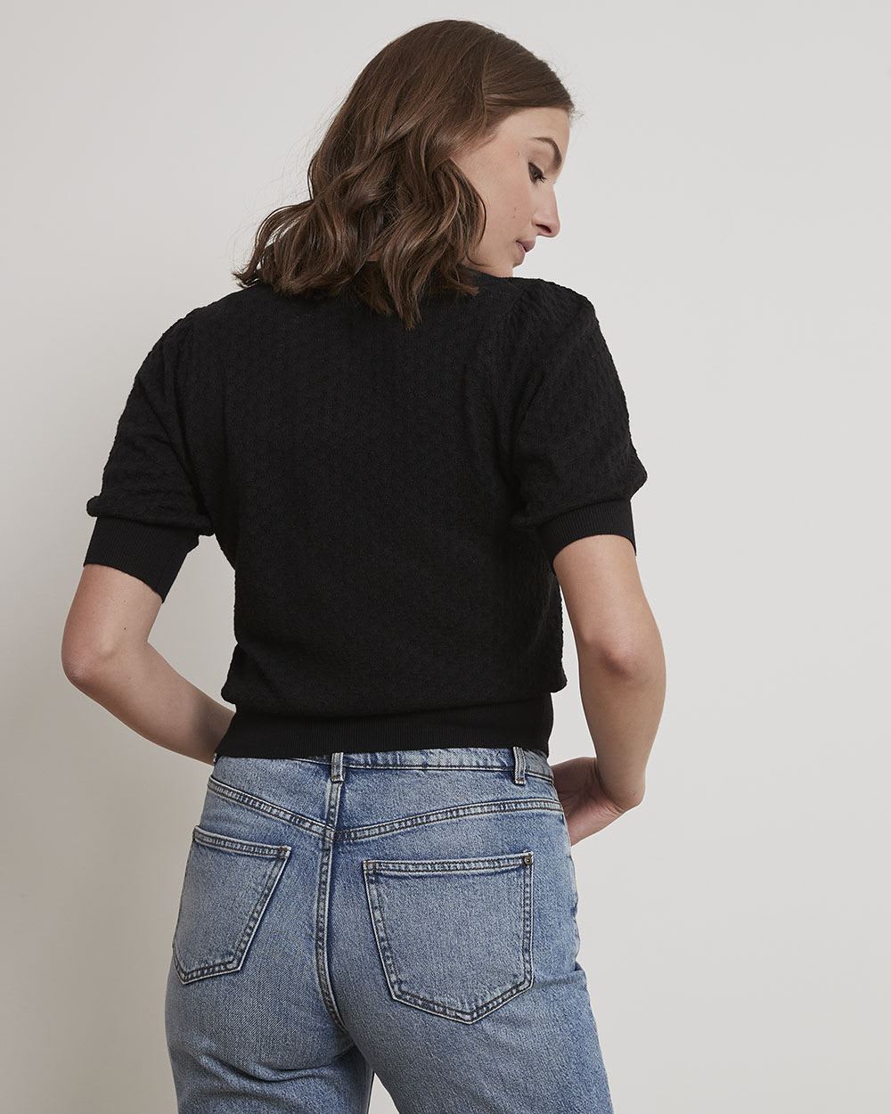 Pointelle Cardigan with Puffy Elbow Sleeves