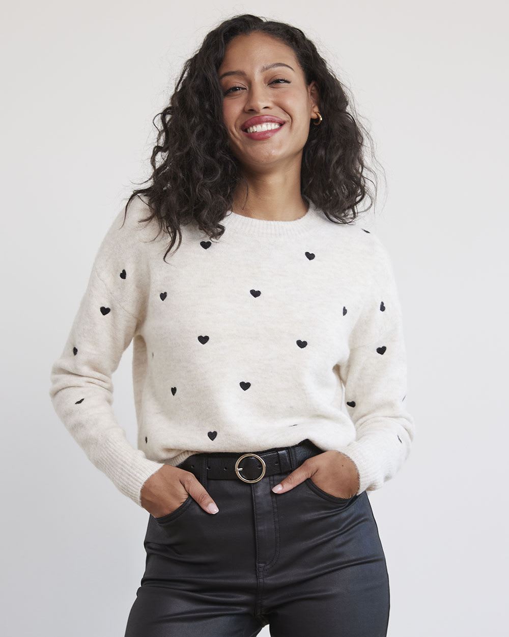 Long-Sleeve Crew-Neck Sweater with Embroidered Pattern