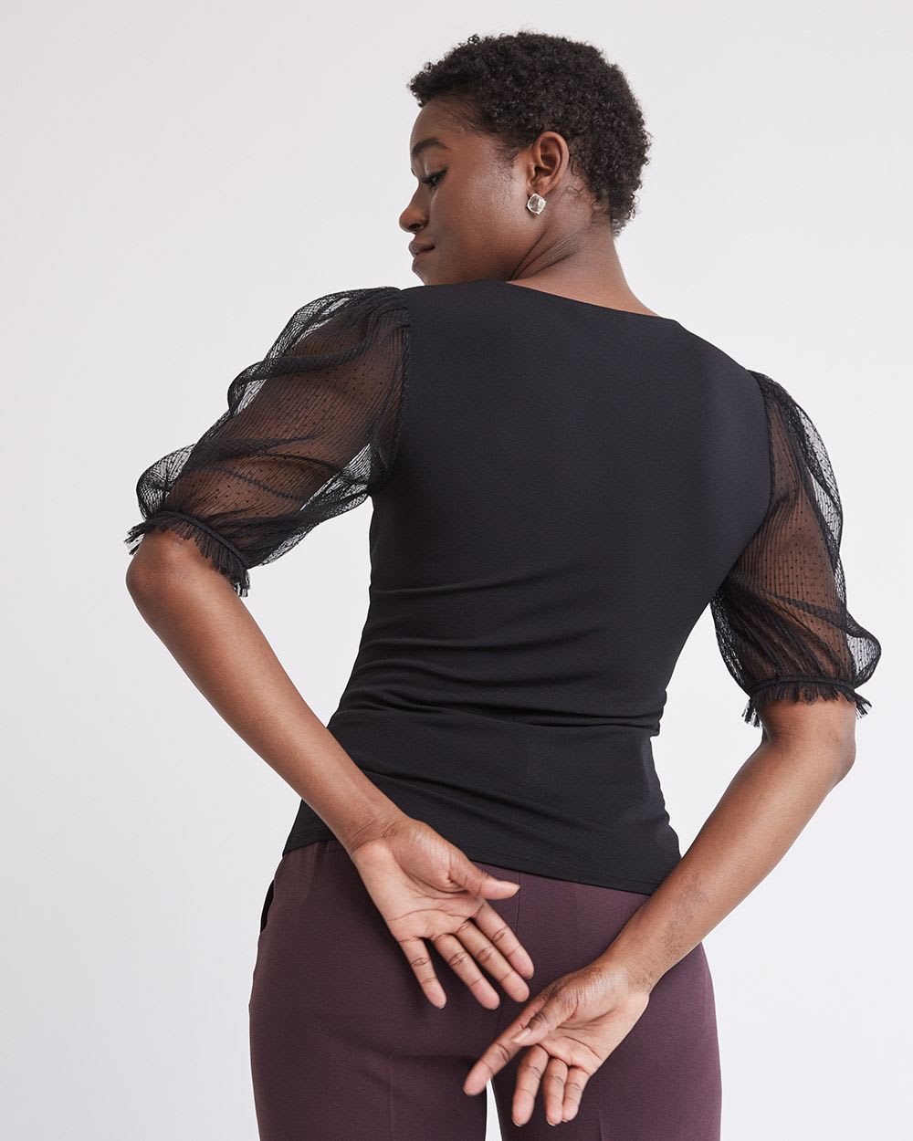 V-Neck Top with Sheer Puffy Sleeves