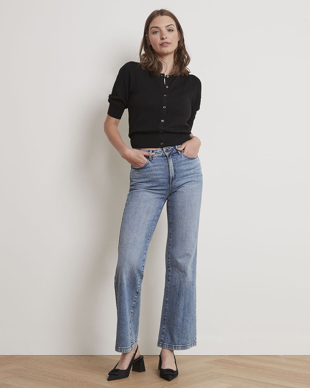 Pointelle Cardigan with Puffy Elbow Sleeves