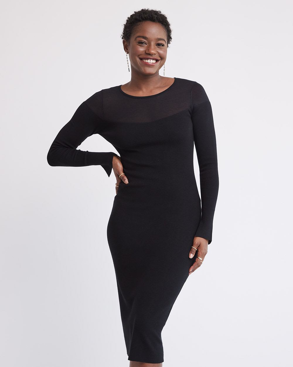 Long-Sleeve Crew-Neck Midi Dress with Sheer Yoke