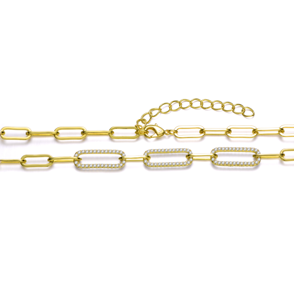 RG 14k Yellow Gold Plated With Cubic Zirconia Elongated Cable Link Chain Necklace