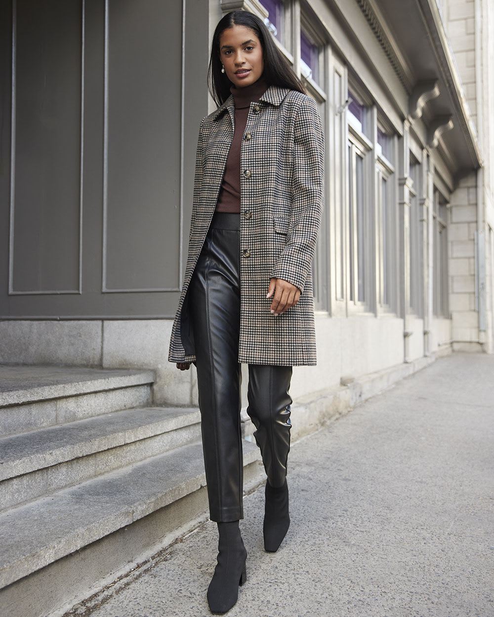 Houndstooth Wool Coat with Shirt Collar