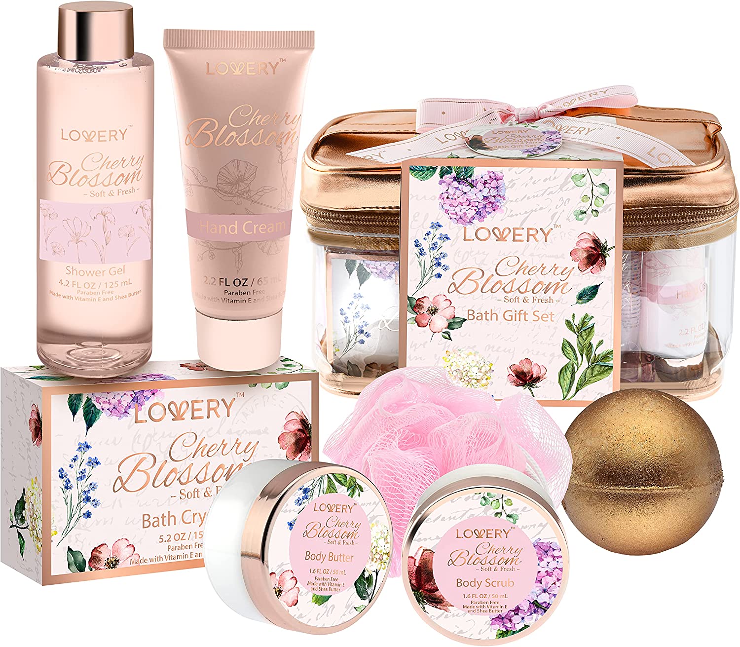 Lovery Bath And Body Gift Basket For Women – Cherry Blossom Home Spa Set