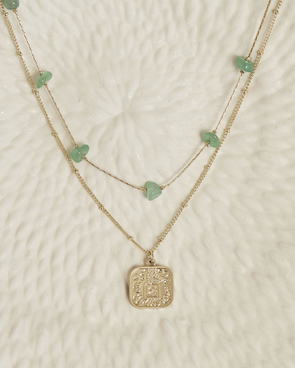 Two-Row Necklace with Green Stones and Square Pendant