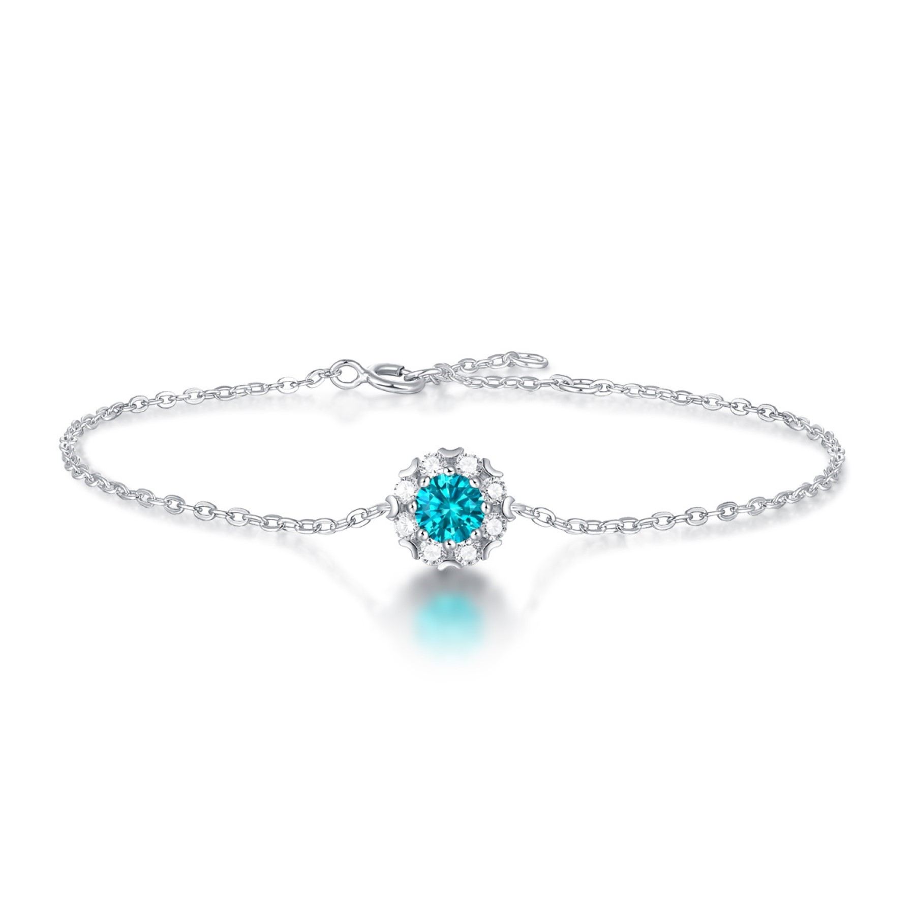 SV Sterling Silver 0.50ctw Lab Created Moissanite & Blue Topaz Round Halo Station Charm Bracelet