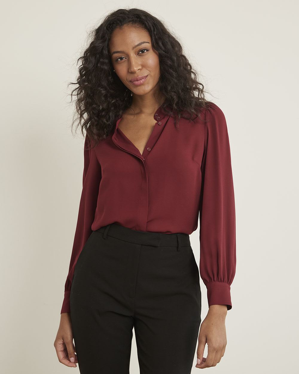 Long-Sleeve Buttoned-Down Silky Crepe Blouse